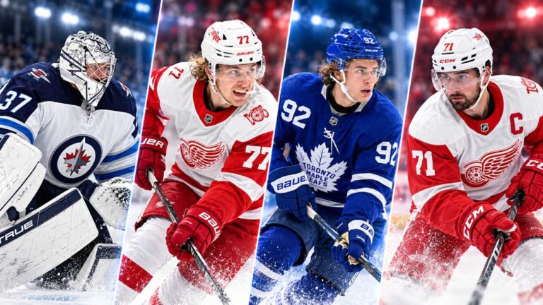 Four-way split image featuring Gavin McKenna of the Toronto Maple Leafs, Dylan Larkin and Simon Edvinsson of the Detroit Red Wings, and Connor Hellebuyck of the Winnipeg Jets, highlighting the latest NHL news, trade rumors and scores for October 9, 2026.