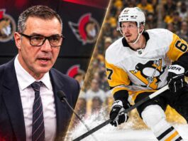 Side-by-side portraits of Ottawa Senators general manager Steve Staios and Pittsburgh Penguins forward Rickard Rakell accompanying a report about Ottawa's search for scoring help.