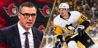 Side-by-side portraits of Ottawa Senators general manager Steve Staios and Pittsburgh Penguins forward Rickard Rakell accompanying a report about Ottawa's search for scoring help.