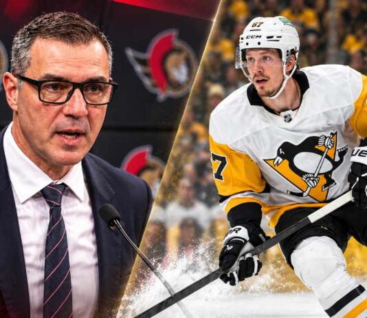 Side-by-side portraits of Ottawa Senators general manager Steve Staios and Pittsburgh Penguins forward Rickard Rakell accompanying a report about Ottawa's search for scoring help.