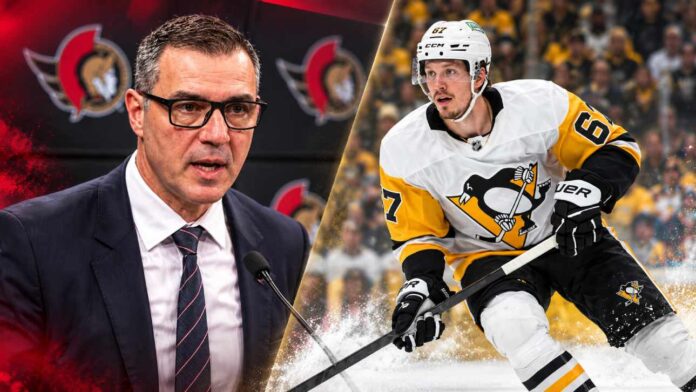 ottawa-senators-rickard-rakell-pittsburgh-penguins-trade-rumors-2026 Side-by-side portraits of Ottawa Senators general manager Steve Staios and Pittsburgh Penguins forward Rickard Rakell accompanying a report about Ottawa's search for scoring help.