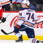Oilers Trade Rumors: Could Philadelphia’s Nightmare Start Finally Make Owen Tippett Available? Owen Tippett pictured in an Edmonton Oilers away jersey in a trade rumor concept image as Edmonton considers the Philadelphia Flyers winger amid Philadelphia's 0-5-2 start.