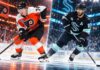 Owen Tippett of the Philadelphia Flyers and Matty Beniers of the Seattle Kraken featured in a split image highlighting NHL trade rumors involving a potential blockbuster trade between the two teams.