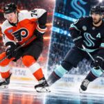 Flyers Trade Rumors: Could Owen Tippett Be the Key to a Matty Beniers Blockbuster? Owen Tippett of the Philadelphia Flyers and Matty Beniers of the Seattle Kraken featured in a split image highlighting NHL trade rumors involving a potential blockbuster trade between the two teams.