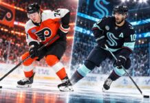 Owen Tippett of the Philadelphia Flyers and Matty Beniers of the Seattle Kraken featured in a split image highlighting NHL trade rumors involving a potential blockbuster trade between the two teams.