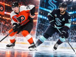Owen Tippett of the Philadelphia Flyers and Matty Beniers of the Seattle Kraken featured in a split image highlighting NHL trade rumors involving a potential blockbuster trade between the two teams.