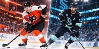 Owen Tippett of the Philadelphia Flyers and Matty Beniers of the Seattle Kraken featured in a split image highlighting NHL trade rumors involving a potential blockbuster trade between the two teams.