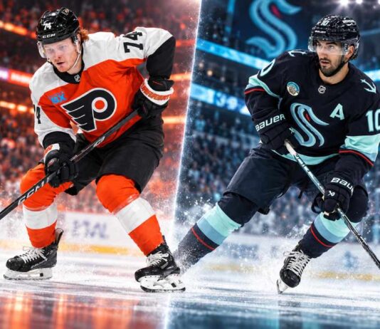 Owen Tippett of the Philadelphia Flyers and Matty Beniers of the Seattle Kraken featured in a split image highlighting NHL trade rumors involving a potential blockbuster trade between the two teams.