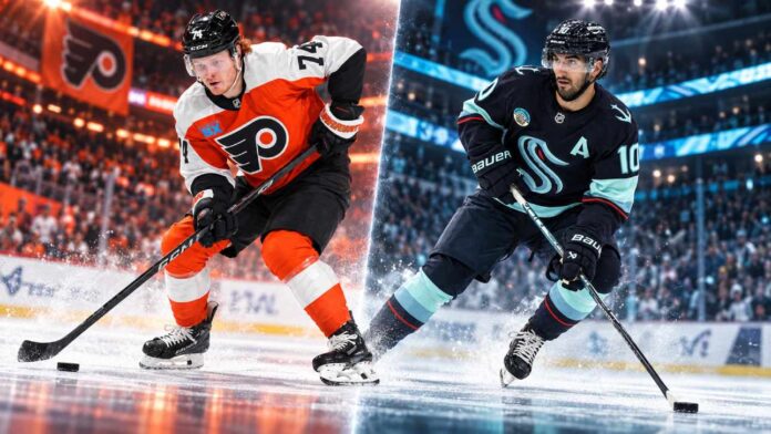 owen-tippett-matty-beniers-flyers-kraken-trade-rumors-2026 Owen Tippett of the Philadelphia Flyers and Matty Beniers of the Seattle Kraken featured in a split image highlighting NHL trade rumors involving a potential blockbuster trade between the two teams.