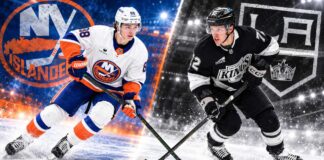 New York Islanders defenseman Matthew Schaefer and Los Angeles Kings forward Artemi Panarin in a split image previewing their October 22, 2026 NHL matchup and fantasy hockey predictions.