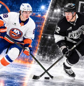 New York Islanders defenseman Matthew Schaefer and Los Angeles Kings forward Artemi Panarin in a split image previewing their October 22, 2026 NHL matchup and fantasy hockey predictions.