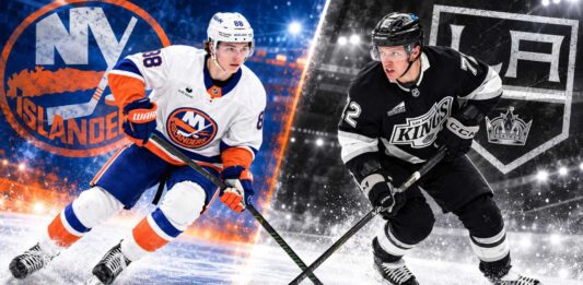 New York Islanders defenseman Matthew Schaefer and Los Angeles Kings forward Artemi Panarin in a split image previewing their October 22, 2026 NHL matchup and fantasy hockey predictions.