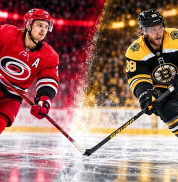 Sebastian Aho of the Carolina Hurricanes and David Pastrnak of the Boston Bruins in a split image ahead of their October 27, 2026, NHL fantasy hockey matchup.