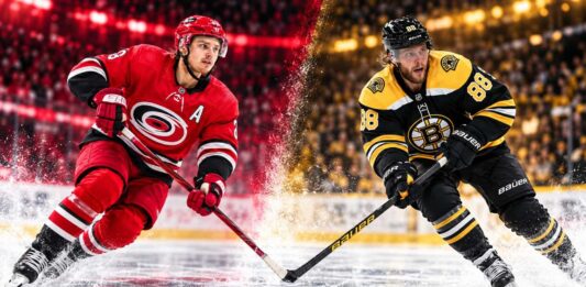 Sebastian Aho of the Carolina Hurricanes and David Pastrnak of the Boston Bruins in a split image ahead of their October 27, 2026, NHL fantasy hockey matchup.