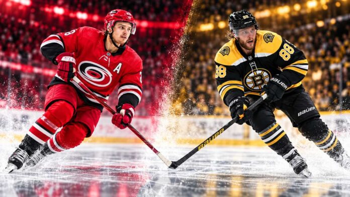 Sebastian Aho of the Carolina Hurricanes and David Pastrnak of the Boston Bruins in a split image ahead of their October 27, 2026, NHL fantasy hockey matchup.