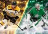 Jake Oettinger of the Dallas Stars in goal alongside David Pastrnak of the Boston Bruins in a split image highlighting the October 20, 2026, NHL fantasy hockey matchup and game prediction.