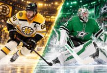 Jake Oettinger of the Dallas Stars in goal alongside David Pastrnak of the Boston Bruins in a split image highlighting the October 20, 2026, NHL fantasy hockey matchup and game prediction.