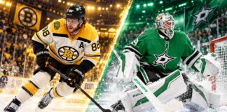 Jake Oettinger of the Dallas Stars in goal alongside David Pastrnak of the Boston Bruins in a split image highlighting the October 20, 2026, NHL fantasy hockey matchup and game prediction.