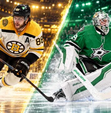 Jake Oettinger of the Dallas Stars in goal alongside David Pastrnak of the Boston Bruins in a split image highlighting the October 20, 2026, NHL fantasy hockey matchup and game prediction.
