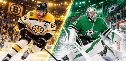 Jake Oettinger of the Dallas Stars in goal alongside David Pastrnak of the Boston Bruins in a split image highlighting the October 20, 2026, NHL fantasy hockey matchup and game prediction.