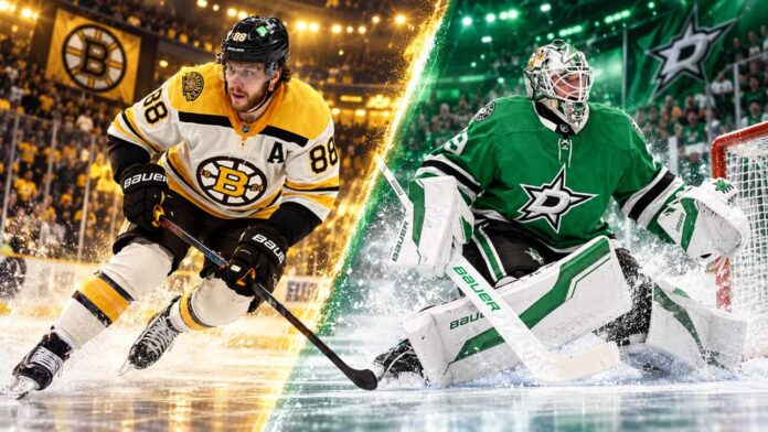 Jake Oettinger of the Dallas Stars in goal alongside David Pastrnak of the Boston Bruins in a split image highlighting the October 20, 2026, NHL fantasy hockey matchup and game prediction.