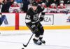 Patrik Laine wearing a Los Angeles Kings home jersey and black helmet in a conceptual image illustrating NHL free-agent signing rumors linking him to LA in 2026.