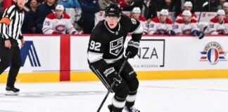 Patrik Laine wearing a Los Angeles Kings home jersey and black helmet in a conceptual image illustrating NHL free-agent signing rumors linking him to LA in 2026.
