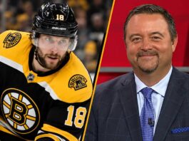 Boston Bruins forward Pavel Zacha and NHL insider Pierre LeBrun pictured together as trade rumors intensify following Boston's failed pursuit of Kirill Marchenko.