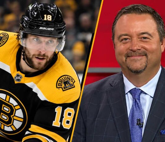 Boston Bruins forward Pavel Zacha and NHL insider Pierre LeBrun pictured together as trade rumors intensify following Boston's failed pursuit of Kirill Marchenko.