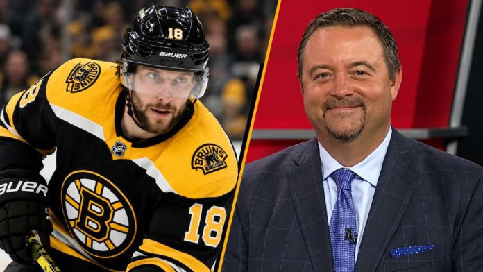 pavel-zacha-boston-bruins-trade-rumors Boston Bruins forward Pavel Zacha and NHL insider Pierre LeBrun pictured together as trade rumors intensify following Boston's failed pursuit of Kirill Marchenko.