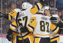 Penguins Trade Rumors: Kyle Dubas Listening on Four Big Names as Pittsburgh Faces a New Problem Pittsburgh Penguins forwards Rickard Rakell (67) and Sidney Crosby (87) celebrate with teammates during an NHL game amid Penguins trade rumors involving Kyle Dubas, Erik Karlsson, Kris Letang and Bryan Rust.