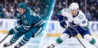 Split image of Vancouver Canucks centre Elias Pettersson and San Jose Sharks centre Macklin Celebrini ahead of their October 29, 2026 NHL game.