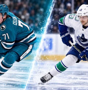 Split image of Vancouver Canucks centre Elias Pettersson and San Jose Sharks centre Macklin Celebrini ahead of their October 29, 2026 NHL game.
