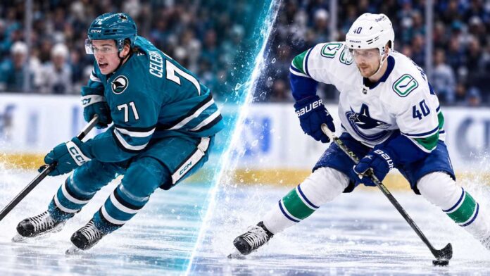 pettersson-celebrini-canucks-sharks-october-29-2026 Split image of Vancouver Canucks centre Elias Pettersson and San Jose Sharks centre Macklin Celebrini ahead of their October 29, 2026 NHL game.