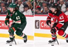 Quinn Hughes in a Minnesota Wild home jersey alongside a digitally edited New Jersey Devils uniform as NHL trade rumors and contract extension speculation surround his future.