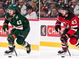 Quinn Hughes in a Minnesota Wild home jersey alongside a digitally edited New Jersey Devils uniform as NHL trade rumors and contract extension speculation surround his future.