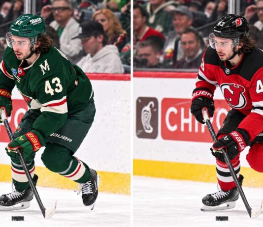 Quinn Hughes in a Minnesota Wild home jersey alongside a digitally edited New Jersey Devils uniform as NHL trade rumors and contract extension speculation surround his future.