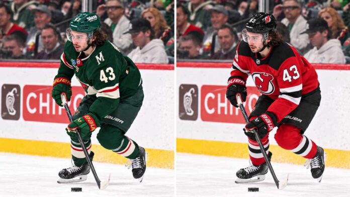 quinn-hughes-minnesota-wild-devils-trade-rumors-2026 Quinn Hughes in a Minnesota Wild home jersey alongside a digitally edited New Jersey Devils uniform as NHL trade rumors and contract extension speculation surround his future.