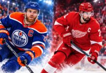 Connor McDavid of the Edmonton Oilers and Dylan Larkin of the Detroit Red Wings in a split image ahead of their October 26, 2026 NHL matchup, streaming on Sportsnet+ in Canada.