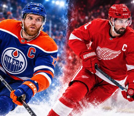 Connor McDavid of the Edmonton Oilers and Dylan Larkin of the Detroit Red Wings in a split image ahead of their October 26, 2026 NHL matchup, streaming on Sportsnet+ in Canada.