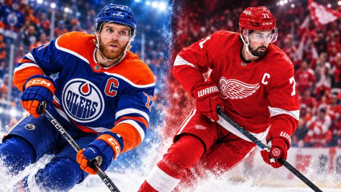 red-wings-oilers-mcdavid-larkin-october-26-2026 Connor McDavid of the Edmonton Oilers and Dylan Larkin of the Detroit Red Wings in a split image ahead of their October 26, 2026 NHL matchup, streaming on Sportsnet+ in Canada.
