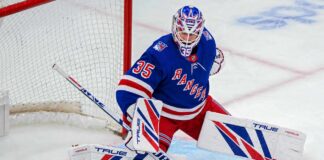 Sam Montembeault wearing a New York Rangers home jersey and goalie equipment in a mock trade image highlighting NHL trade rumors involving the Montreal Canadiens.