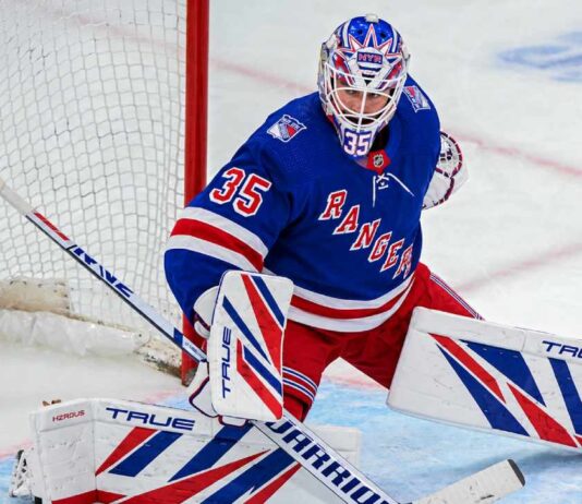 Sam Montembeault wearing a New York Rangers home jersey and goalie equipment in a mock trade image highlighting NHL trade rumors involving the Montreal Canadiens.