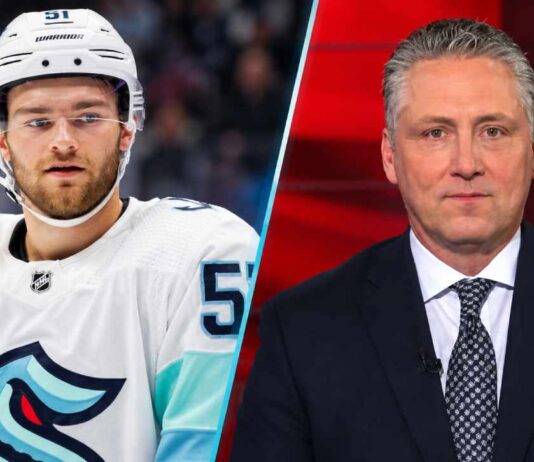 Split image of Seattle Kraken forward Shane Wright and TSN NHL insider Darren Dreger as trade rumors intensify surrounding Wright's future in Seattle and the Kraken's pursuit of a top-line scoring winger.