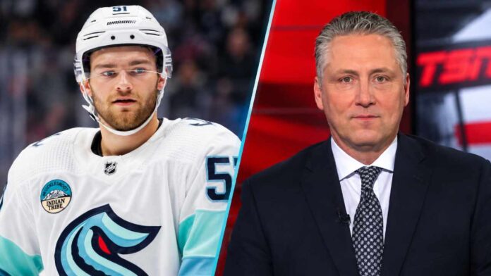 shane-wright-seattle-kraken-trade-rumors-2026 Split image of Seattle Kraken forward Shane Wright and TSN NHL insider Darren Dreger as trade rumors intensify surrounding Wright's future in Seattle and the Kraken's pursuit of a top-line scoring winger.