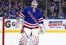 Vancouver Canucks vs. New York Rangers Fantasy Hockey Prediction: Players to Watch, Score Pick & How to Watch New York Rangers goalie Igor Shesterkin in front of his net with Gatorade and Super Chexx Bubble Hockey board ads and Canucks and Rangers fans in the stands.