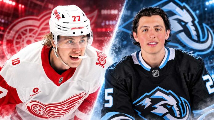 simon-edvinsson-caleb-desnoyers-red-wings-utah-mammoth Simon Edvinsson of the Detroit Red Wings and Caleb Desnoyers of the Utah Mammoth featured in NHL trade rumors surrounding a potential blockbuster deal.