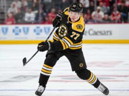 Simon Edvinsson wearing a Boston Bruins home jersey and helmet in a hypothetical uniform swap as NHL trade rumors link the Bruins to the Detroit Red Wings defenseman.
