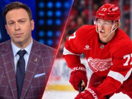 Simon Edvinsson of the Detroit Red Wings and NHL insider Elliotte Friedman in a split image illustrating reported trade discussions with the San Jose Sharks.