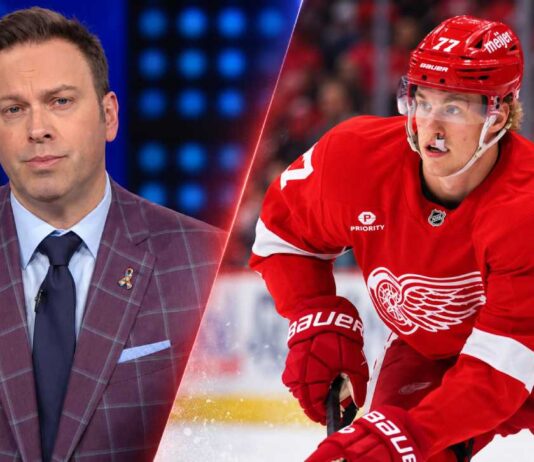 Simon Edvinsson of the Detroit Red Wings and NHL insider Elliotte Friedman in a split image illustrating reported trade discussions with the San Jose Sharks.